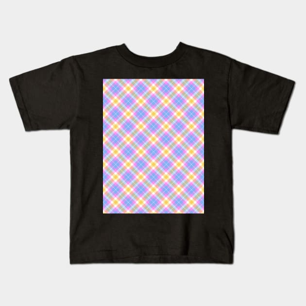 Pink Blue and Yellow Pastel Plaid Pattern Kids T-Shirt by MarjanShop